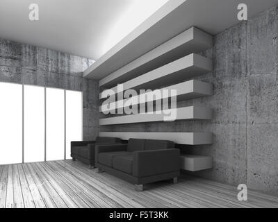 Weiße moderne Interieur Hintergrund mit schwarzen Ledersofas und leeren Fenstern, 3d render Abbildung Stockfoto