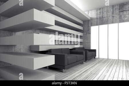 Weißer Interieur Hintergrund mit Dekoration Balken, schwarze Ledersofas und leeren Windows, 3d render Abbildung Stockfoto
