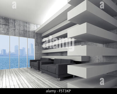 Leere weiße innere Hintergrund mit Dekoration Balken, schwarze Ledersofas und moderne Skyline in Windows, 3d render Fittings Stockfoto