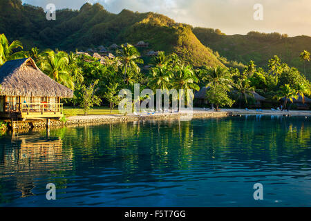 Villen in einem tropischen Resort und mit Palmen spiegelt sich in den Ozean während des Sonnenuntergangs Stockfoto