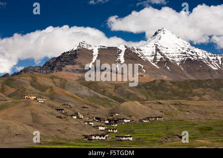 Indien, Himachal Pradesh, Spiti Valley, Langza Dorf auf 4400m Höhe unter schneebedeckten Bergen, Stockfoto