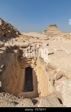 Süd-Ost Ecke des Unas-Pyramide und die unterirdische 2. Dynastie Galerie Grab des Hetepsekhemwy bei Saqqara Ägypten Stockfoto