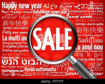 Verkauf, frohes neues Jahr in verschiedenen Sprachen, die roten Hintergrund, Feier Grußkarte mit Lupe Stockfoto