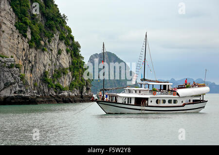 Chinesische Dschunken am Anker und Kalkstein (Karst) Hügel, Ha Long Bucht, Bai Tu Long Sektor, in der Nähe von Ha Long, Vietnam Stockfoto