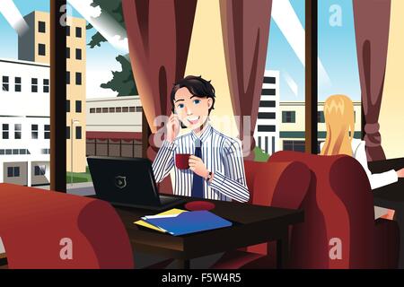 Eine Vektor-Illustration der Geschäftsmann bei Kaffee in einem Café am Telefon sprechen Stock Vektor