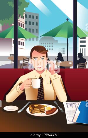 Eine Vektor-Illustration der Geschäftsmann am Telefon beim Frühstück in einem café Stock Vektor