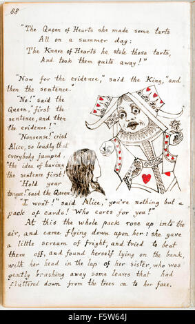 Die Königin der Herzen befiehlt Alice, ihren Mund zu halten, aus dem ursprünglichen Manuskript des "Alices Abenteuer unter Boden" von Charles Lutwidge Dodgson (1832-1898), Alice Liddell im November 1864 gegeben und veröffentlicht unter dem Titel "Alices Abenteuer im Wunderland" im Jahre 1865 unter dem Pseudonym Lewis Carroll. Siehe Beschreibung für mehr Informationen. Stockfoto