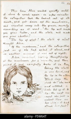 Alice knabbert den Storch der Pilz die Raupe und ihr Kinn trifft ihren Fuß, aus dem ursprünglichen Manuskript des "Alices Abenteuer unter Boden" von Charles Lutwidge Dodgson (1832-1898), Alice Liddell im November 1864 gegeben und veröffentlicht unter dem Titel "Alices Abenteuer im Wunderland" im Jahre 1865 unter dem Pseudonym Lewis Carroll. Siehe Beschreibung für mehr Informationen. Stockfoto