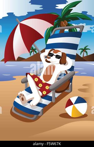 Eine Vektor-Illustration des Hundes mit Sonnenbrille entspannend auf den Stuhl am Strand Stock Vektor