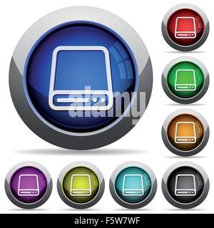Satz von runden glänzenden Festplatte Speicher Tasten. Layer-Struktur angeordnet. Stock Vektor