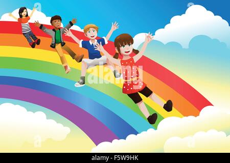 Eine Vektor-Illustration von niedlichen Kinder Abrutschen des Regenbogens Stock Vektor