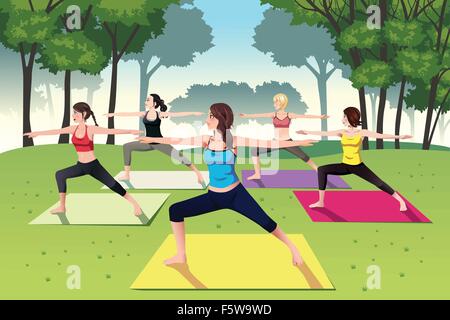 Eine Vektor-Illustration der Gruppe von Frauen, die Yoga im park Stock Vektor