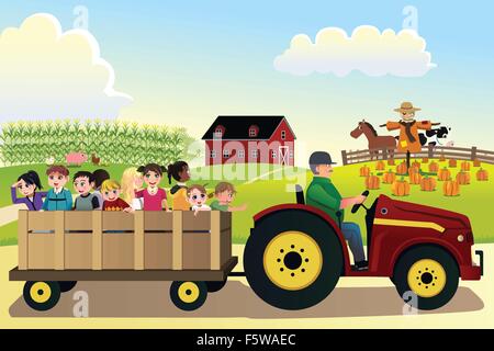 Eine Vektor-Illustration der Kinder gehen auf eine Hayride in einer Farm mit Maisfelder im Hintergrund Stock Vektor