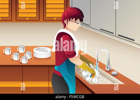 Eine Vektor-Illustration des Mannes beim Abwasch in der Küche Stock Vektor