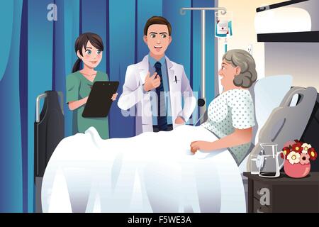 Eine Vektor-Illustration von Arzt und Krankenschwester im Gespräch mit einem Patienten im Krankenhaus Stock Vektor