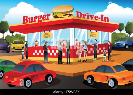 Eine Vektor-Illustration von Menschen, die Hamburger in einem drive-in Hamburger Restaurant bestellen Stock Vektor
