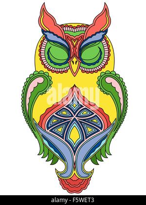 Bunte dekorative große Eule mit enge Augen, Vektor-Illustration mit ethnischen Motiven isoliert auf weißem Hintergrund Stock Vektor