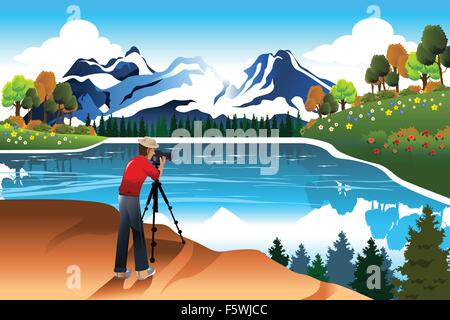 Eine Vektor-Illustration der Fotograf unter Bild von einer wunderschönen Natur Stock Vektor
