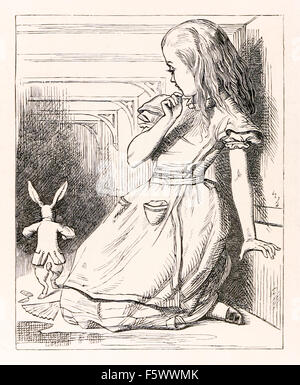 Alice in Wonderland Kapitel 2 „der Pool der Tränen“, eine vergrößerte Alice erschreckt das weiße Kaninchen, das seinen Fächer und seine weißen Kinderhandschuhe fallen lässt. Fotografie aus einer 1888 erschienenen Ausgabe des Buches „Alice’s Adventures in Wonderland“ von Macmillan & Co. Kredit: Privatsammlung / AF Fotografie Stockfoto