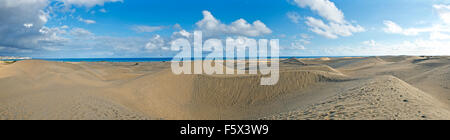 Dünen von MasPalomas Panorama, in der Nähe von Sonnenuntergang, auf den Kanarischen Inseln, Spanien Stockfoto