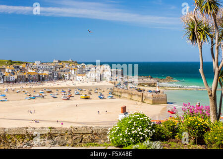 Blick über den Hafen auf der Insel oder St. Ives Head, North Cornwall, England, Vereinigtes Königreich, Europa. Stockfoto