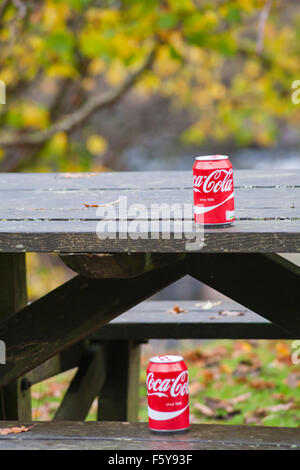 Coca-Cola-Dosen wurden im November auf dem Tisch im Dorf Elan in Elan Valley, Powys, Mid Wales, Großbritannien, gelassen Stockfoto