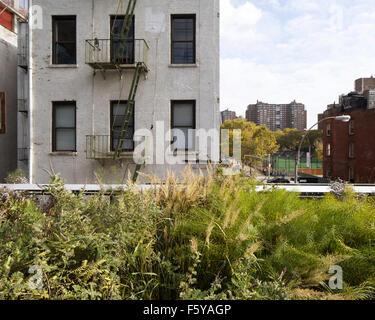 Blick auf die High Line. Die High Line 3. Phase, Manhatten, Vereinigte Staaten von Amerika. Architekt: Diller Scofidio and Renfro, 2015. Stockfoto