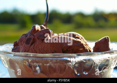hausgemachte belgische Schokolade Eis in Glasschüssel auf Tisch mit Löffel im Sommer Sonnenlicht Stockfoto