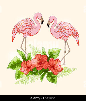 Sommer tropischen Hintergrund mit Blumen und rosa flamingo Stockfoto