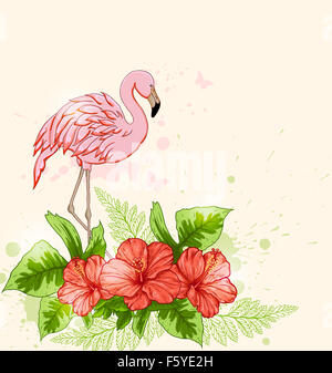 Sommer tropischen Hintergrund mit roten Blumen und rosa flamingo Stockfoto
