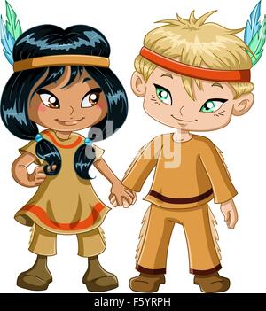 Eine Vektor-Illustration von Kindern als Indianer verkleidet und Hand in Hand für Thanksgiving oder Halloween. Stock Vektor