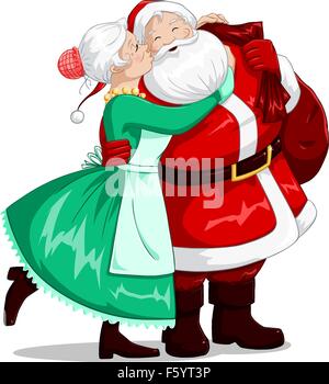 Eine Vektor-Illustration von Frau Claus Santa auf Wange küsst und umarmt ihn zu Weihnachten. Stock Vektor