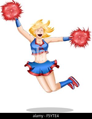 Eine Vektor-Illustration eine blonde Cheerleaderin, die mit Freude in die Luft springen. Stock Vektor