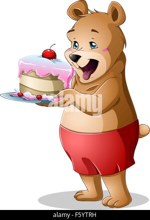 Eine Vektor-Illustration eines niedlichen jungen Bären halten einen leckeren Kuchen. Stock Vektor
