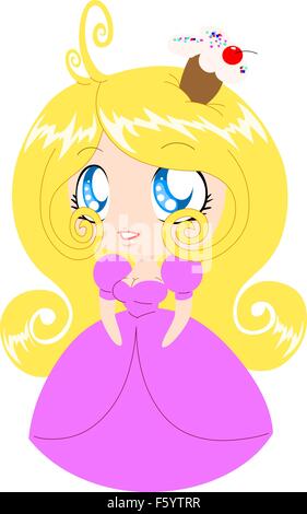 Eine Vektor-Illustration einer blonden Prinzessin in rosa Kleid und Cupcake auf dem Kopf. Stock Vektor