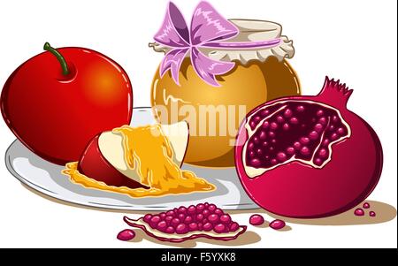 Vektor-Illustration von Honig Apfel und Granatapfel auf einem Teller für Rosh Hashanah jüdischen Neujahr. Stock Vektor