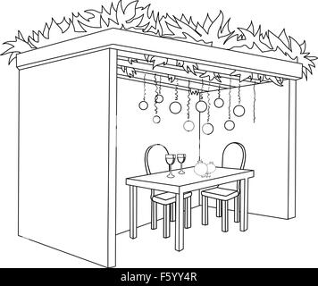 Eine Vektor-Illustration Malvorlagen von eine Laubhütte verziert mit Ornamenten und einem Tisch mit Gläsern Wein und Obst für die Juden Stock Vektor