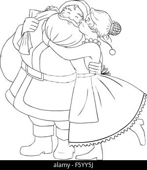 Vektor-Illustration Malvorlagen von Mrs Claus Santa auf Wange küsst und umarmt ihn zu Weihnachten. Stock Vektor