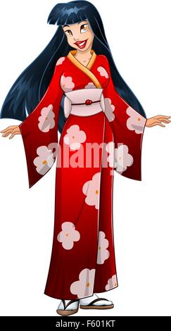 Vektor-Illustration einer asiatischen Frau im traditionellen roten japanischen Kimono. Stock Vektor
