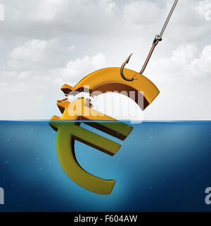 Europäische Steuer-Konzept und niedrigere Renditen Geschäftsidee als drei dimensionale Euro-Währung-Zeichen im Wasser mit einem Angelhaken Stockfoto