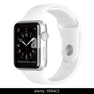 Varna, Bulgarien - 16. Oktober 2015: Apple Watch Sport 42 mm Silber Aluminium-Gehäuse mit weißen Band mit Uhr Gesicht auf dem Display. Stockfoto