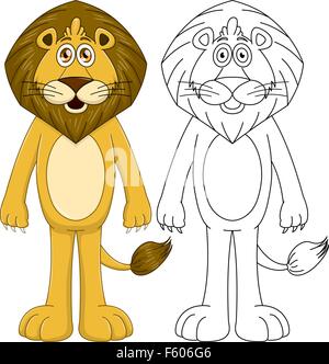 Vektor-Illustration eines niedlichen humanoiden Löwen mit Lineart einstellen Stock Vektor