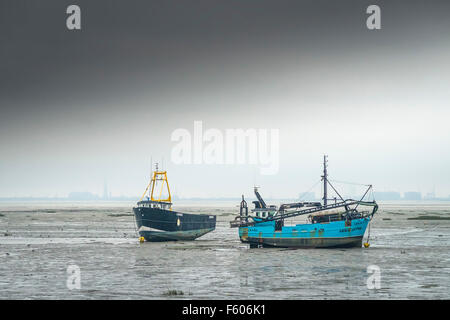 Herzmuschel Boote vertäut im Wattenmeer bei Leigh on Sea in Essex. Stockfoto