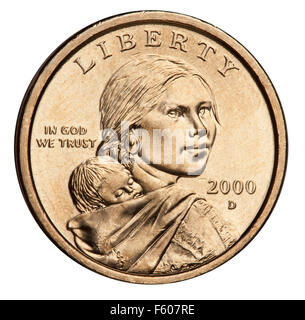 Sacagawea Dollar Münze 2000-2008: Glenna Goodacre Porträt von Sacagawea mit ihrem Sohn Jean Baptiste Charbonneau Stockfoto