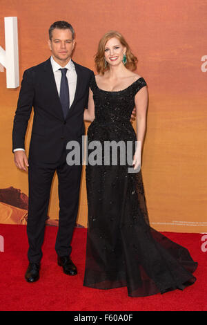 Die Europäische Premiere von "The Martian" im Odeon Leicester Square - Ankünfte mit statt: Matt Damon, Jessica Chastain Where: London, Vereinigtes Königreich: 24 Sep 2015 Stockfoto