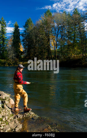 Fliegenfischen auf der McKenzie River, Greenwood Landung County Park Lane County, Oregon Stockfoto