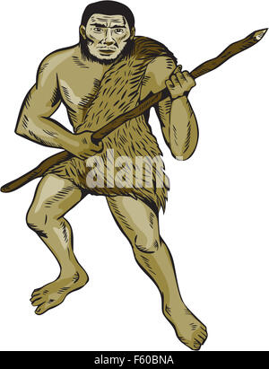 Radierung Gravur handgemachten Stil Abbildung von einem Neandertaler hält Speer nach vorne auf isolierten weißen Hintergrund. Stockfoto