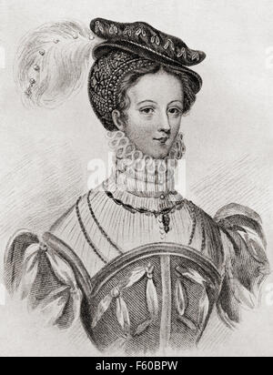 Mary, Queen of Scots, 1542 – 1587, aka Mary Stuart oder Maria i. von Schottland, sehen Sie hier im Alter von 16 Jahren. Königin von Schottland und Gemahl der Königin von Frankreich. Nach der Zeichnung von Louisa Costello. Stockfoto