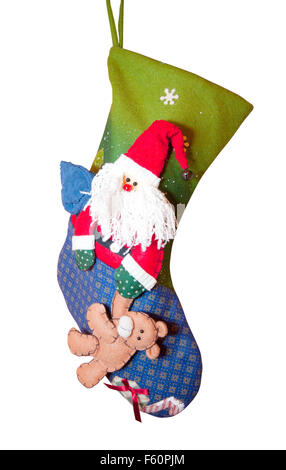 Weihnachts-Strumpf mit Santa Claus isoliert auf weiss Stockfoto