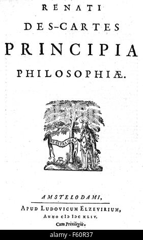 René DESCARTES (1596-1650), französischer Philosoph und Mathematiker. Titelseite von seinem 1644 Buch Principia Philosophiae (Prinzipien der Philosophie) Stockfoto